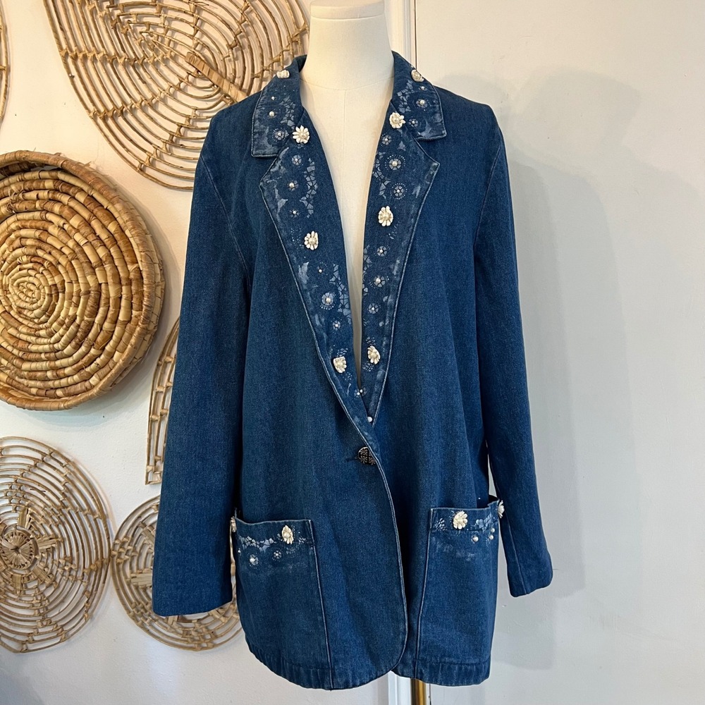 Vintage Lisa Josephs Embellished Denim Jacket Floral Pearl Cotton Boho M